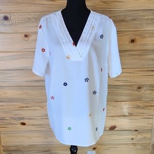 Sheilay White Short Sleeved Floral Blouse,  Women's Size XXL